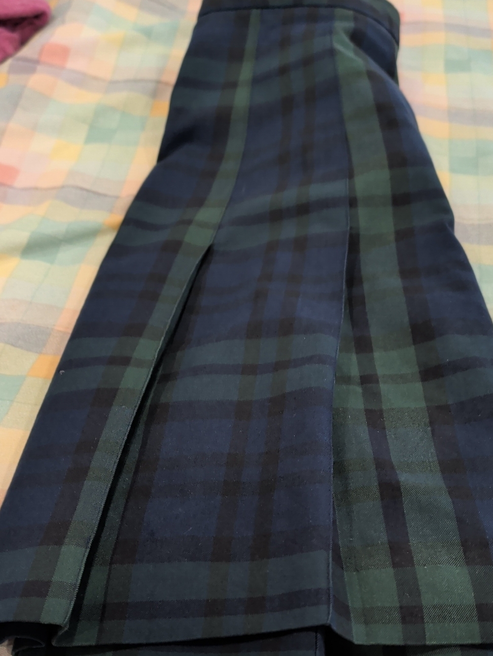 Isaac Mizrahi Navy and Green Plaid Pleated Mini Skirt with Buckle Accents - Picture 5 of 5